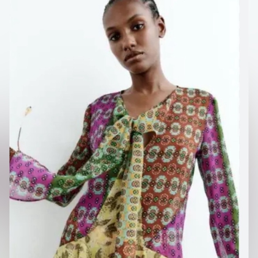 Zara Multicolor Boho Print Beaded Tie Front Blouse S Small